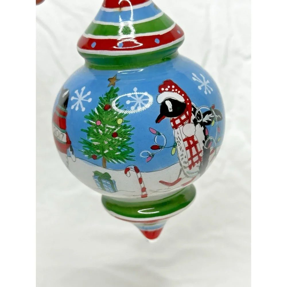 Pier 1 Le Bien Glass Ornament Reverse hand Painted Penguin Tree 2017 Teardrop